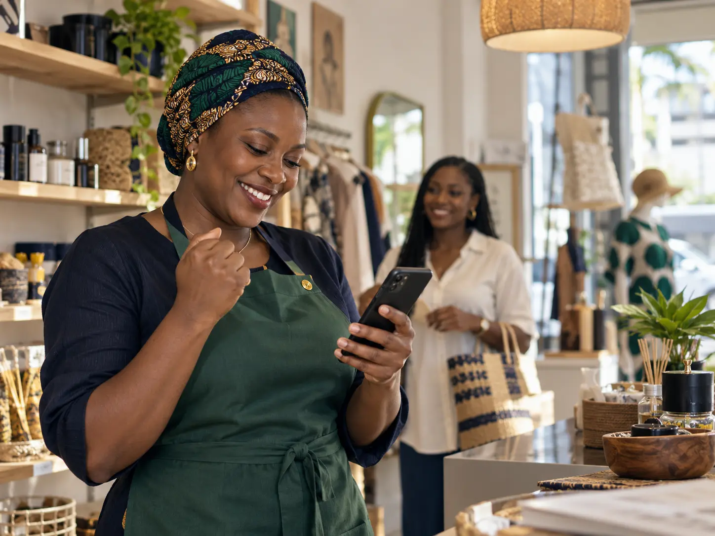 Nigerian business owner receiving payment confirmation on her phone